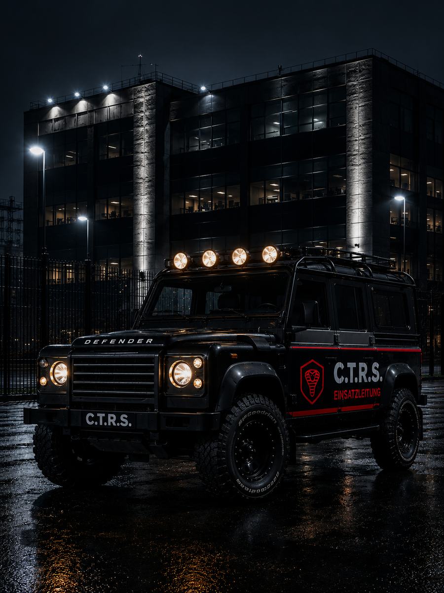 Einsatzfahrzeug von C.T.R.S. bei Nacht vor einem beleuchteten Gebäude